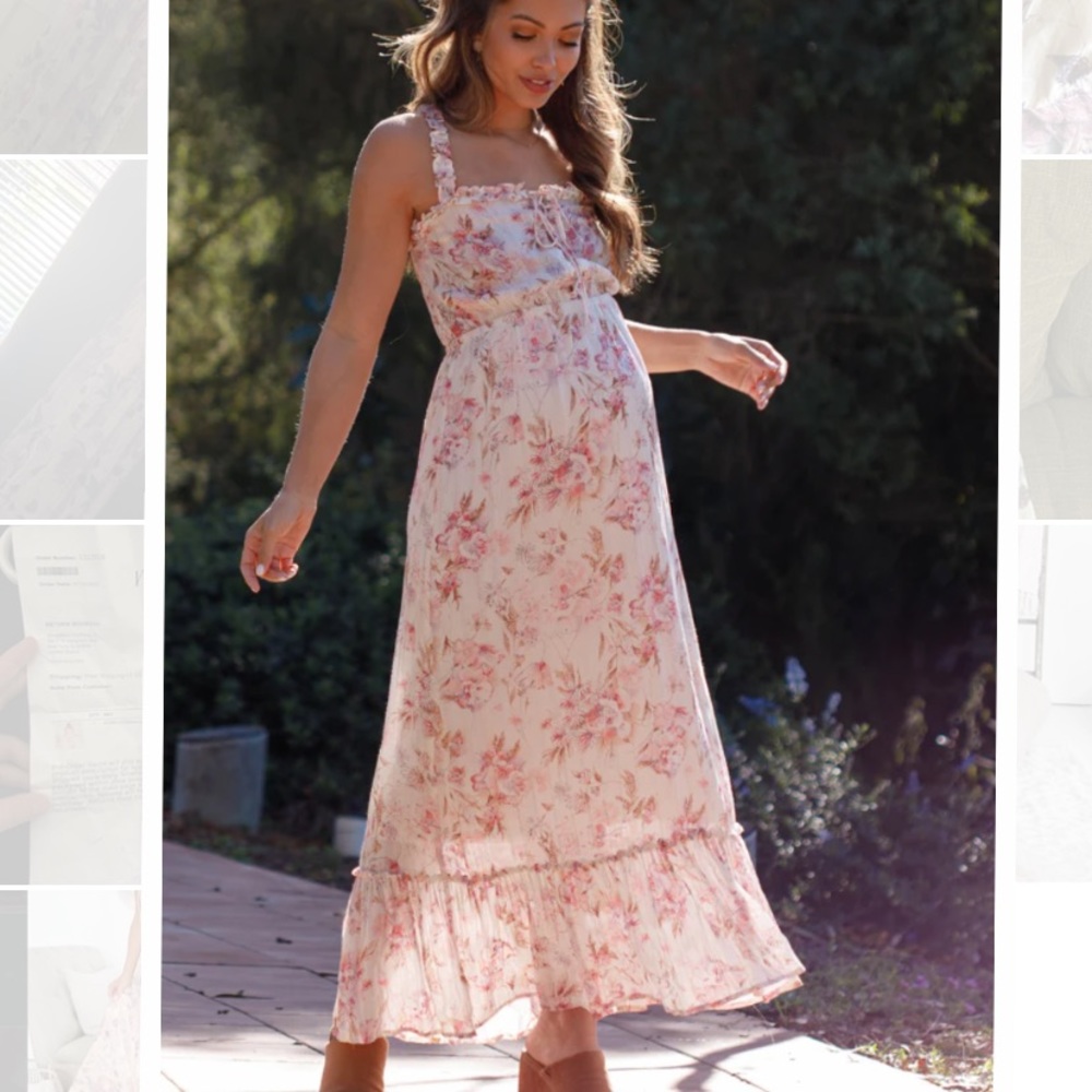 Cream Floral Shimmer Lace-Up Maternity Maxi Dress